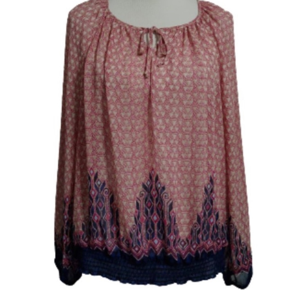 Lucky Brand Blouse Multicolor Geo-Print Pink boHo Sheer Long Sleeves extra large